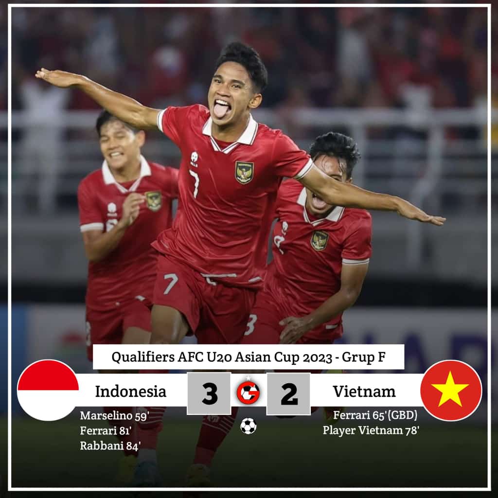 Foto: Indonesia Lolos Piala Asia setelah menyingkirkan Vietnam dengan skor 3-2 di Stadion Gelora Bung Tomo. Minggu (18/9/2020) | (dok. Istimewa)