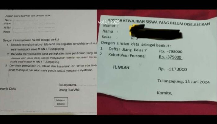 Daftar Ulang di MTsN 6 Tulungagung Bayar Mahal, Tabrak Regulasi, Wali Murid Kecewa