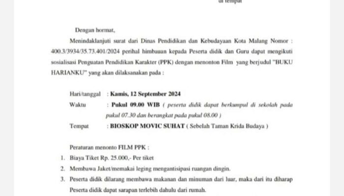 Surat Instruksi Kadisdikbud Kota Malang Agar Siswa SD Nonton Bioskop Diprotes