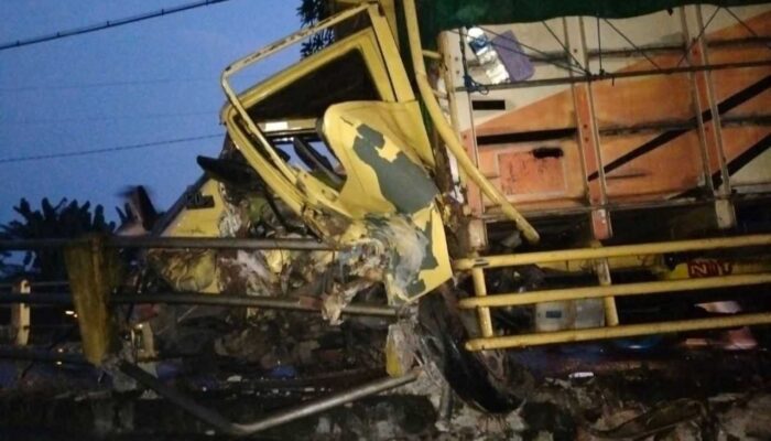 Truk Pakan Ayam Nyangkut di Pembatas Jembatan Catakgayam Jombang